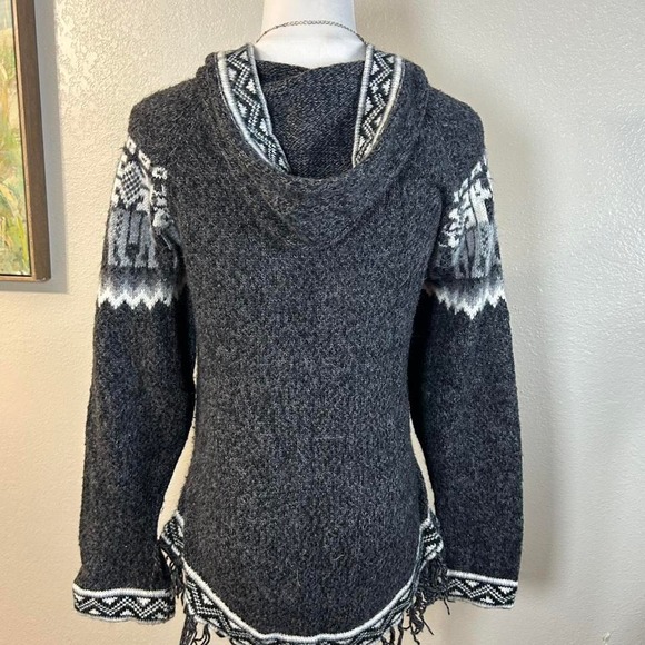 Native Spirits 100% Alpaca Llama Knit Hoodie Sweater Poncho Top Fringe Hem - Picture 5 of 6